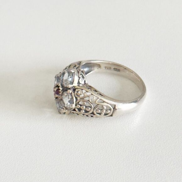 CNA Designer 925 Sterling Silver White Topaz & Ruby Filigree Flower Ring Size 8 - Picture 7 of 10